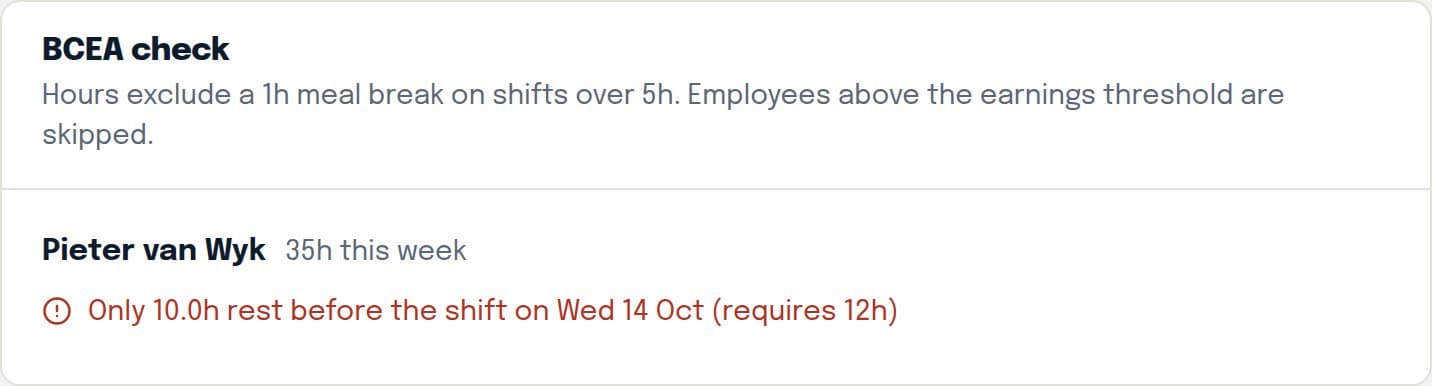 A BCEA check: Pieter van Wyk has only 10 hours' rest before his shift on Wednesday, where 12 are required